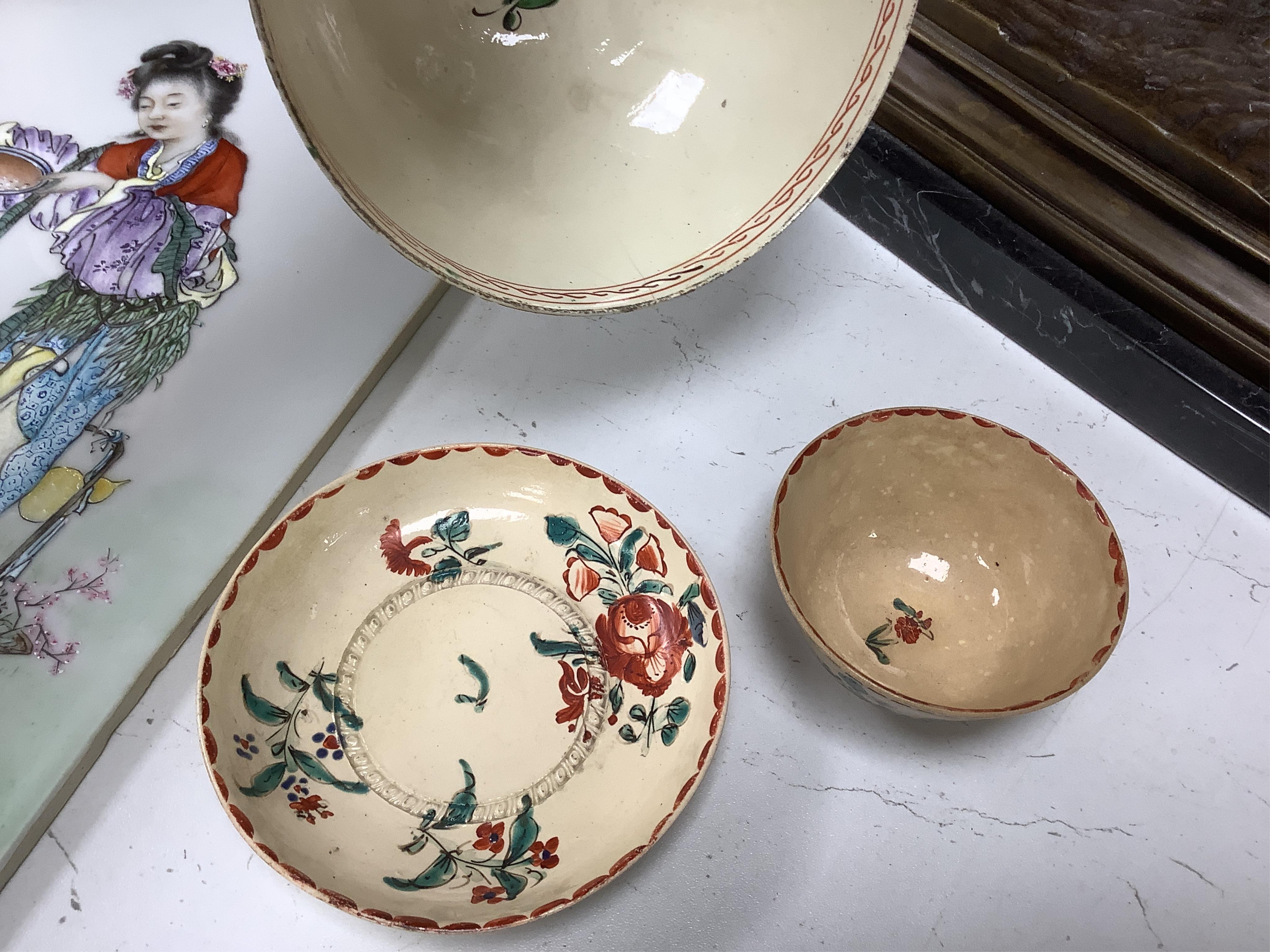 A group of late 18th century cream ware including a tea caddy a slops bowl, a tea bowl and saucer etc. and various 19th-century porcelain and pottery, blue and white tea caddy, 12cm high.